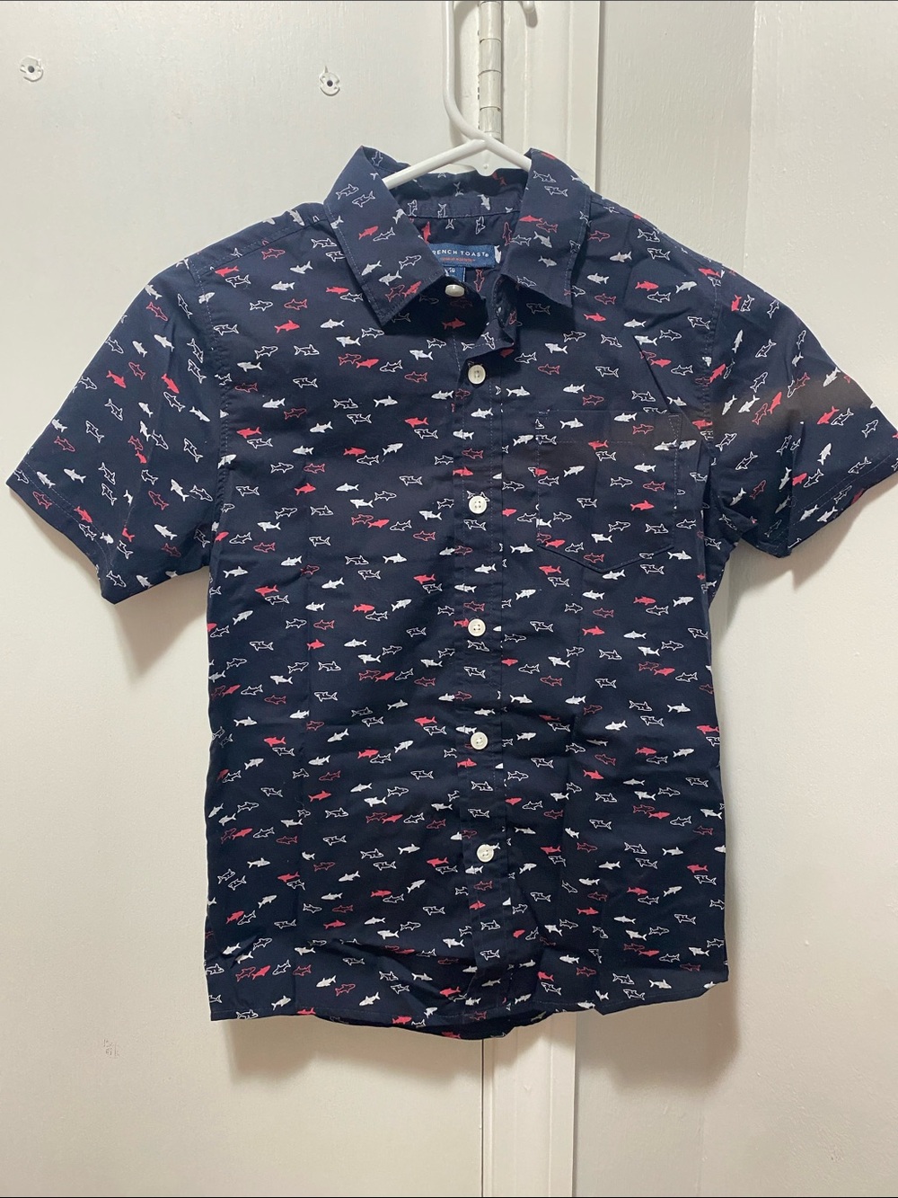 French Toast Navy Short-Sleeve Button Down with Red & White Shark Print